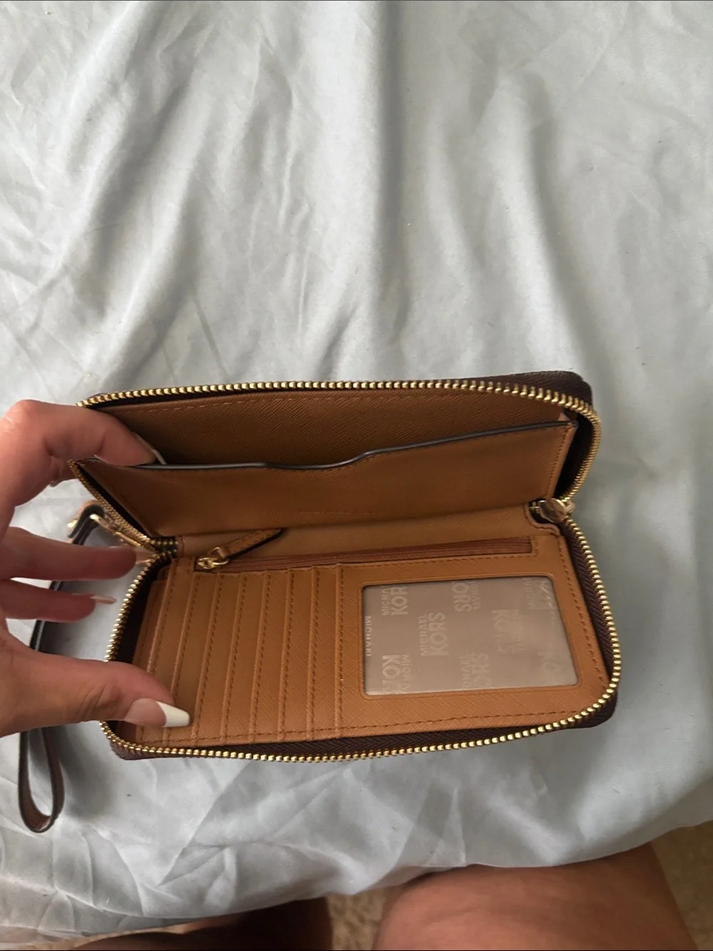 Michael Kors Dark Brown MK Logo Zip Around Wallet Wristlet